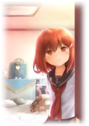 Rule 34 | 10s, 1boy, 1girl, admiral (kancolle), anchor symbol, brown eyes, brown hair, commentary request, hair ornament, hairclip, ikazuchi (kancolle), kantai collection, kotatsu, long sleeves, looking at viewer, military, military uniform, neckerchief, office, peeking out, pleated skirt, red neckerchief, sailor collar, school uniform, serafuku, short hair, skirt, smile, table, uniform, wamu (chartreuse)