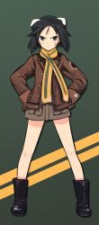 Rule 34 | 10s, 1girl, animal ears, bandaid, bandaid on face, black footwear, boots, brave witches, full body, hands on own hips, jacket, kanno naoe, leather, leather jacket, legs apart, looking at viewer, scarf, shimada fumikane, solo, standing, strike witches, striped clothes, striped scarf, uniform, world witches series
