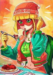 Rule 34 | arms (game), beanie, blonde hair, domino mask, eating, food, fork, green eyes, hat, highres, jacket, letterman jacket, mask, midriff, min min (arms), multicolored clothes, multicolored jacket, navel, open clothes, open jacket, pasta, stoic seraphim, two-tone jacket