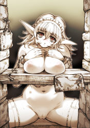 Rule 34 | 1girl, blush, breast rest, breast suppress, breasts, brick wall, brown eyes, brown theme, chain, chained, chain, cleft of venus, cuffs, elf, headdress, hisahiko, large breasts, monochrome, navel, nipples, no panties, original, pointy ears, pussy, red eyes, sign, solo, spot color, spread legs, sweat, thighhighs, uncensored