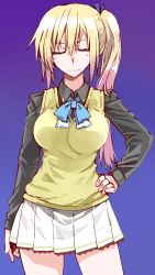 Rule 34 | 10s, 1girl, blonde hair, breasts, closed eyes, cosaten, gradient background, hand on own hip, highres, kawakami mai, large breasts, long hair, md5 mismatch, musaigen no phantom world, pleated skirt, school uniform, side ponytail, skirt, smile, solo, sweater vest