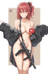 Rule 34 | 1girl, blush, breasts, censored, censored nipples, coat, collarbone, convenient censoring, covering crotch, covering privates, girls&#039; frontline, grin, groin, gun, hair ribbon, hands up, highres, looking at viewer, mp7 (girls&#039; frontline), naked coat, navel, nude, off shoulder, one side up, red hair, ribbon, smile, solo, stomach, thighs, weapon, yellow eyes, yp7 (vvy)