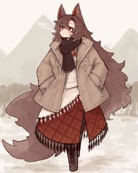 Rule 34 | 1girl, animal ears, black scarf, black tassel, boots, brooch, brown coat, brown footwear, brown hair, brown jacket, brown tail, coat, commentary request, cross-laced footwear, full body, hair between eyes, hands in pockets, highres, imaizumi kagerou, jacket, jewelry, kaginoni, long hair, long sleeves, long tail, looking up, mountainous horizon, open clothes, open jacket, plaid, red brooch, red eyes, scarf, shirt, skirt, solo, standing, sweater, tail, tassel, touhou, white background, white sweater, wolf ears, wolf girl, wolf tail
