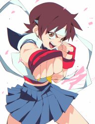 Rule 34 | 1girl, :d, aetherion, blue skirt, brown eyes, brown hair, clenched hands, collared shirt, headband, highres, kasugano sakura, looking at viewer, open mouth, petals, punching, school uniform, serafuku, shirt, short hair, simple background, skirt, smile, solo, street fighter, v-shaped eyebrows, white background, white shirt