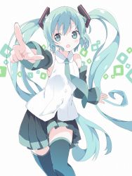 Rule 34 | 1girl, :o, bare shoulders, black skirt, black sleeves, blush, collared shirt, commentary request, detached sleeves, green eyes, green hair, green necktie, green thighhighs, hair between eyes, hair ornament, hatsune miku, highres, long hair, long sleeves, looking at viewer, necktie, open mouth, outstretched arm, pleated skirt, pointing, pointing at viewer, shirt, skirt, sleeveless, sleeveless shirt, solo, tantan men (dragon), thighhighs, twintails, very long hair, vocaloid, white background, white shirt