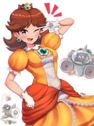 Rule 34 | 1girl, 2boys, aircraft, airplane, alien, blue eyes, breasts, brown hair, crown, dress, earrings, facial hair, flower earrings, flying, frilled dress, frills, gem, gloves, goggles, goggles on head, grin, hat, highres, jewelry, looking at viewer, mario, mario (series), missile, multiple boys, mustache, nintendo, one eye closed, open mouth, orange dress, pointy ears, princess daisy, puffy short sleeves, puffy sleeves, short sleeves, smile, spacecraft, super mario land, tatanga, tomboy, v, wakaba (wata ridley), wink
