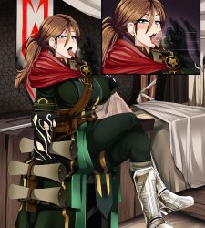 Rule 34 | 1girl, armored boots, belt, blue eyes, blush, boots, breasts, breath, brown hair, capelet, crossed legs, fellatio gesture, female focus, flag, full body, gauntlets, grim dawn, hairband, highres, huge breasts, insignia, korinia, large breasts, legs, looking at viewer, motion lines, naughty face, nightmare-doom, open mouth, oral invitation, ponytail, pouch, pov, saliva, scroll, shoulder pads, sitting, thighs, tongue, tongue out, uniform