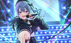 Rule 34 | 1girl, artist logo, beret, blue eyes, blue hair, hair between eyes, hat, holding, holding microphone, hololive, hoshimachi suisei, hoshimachi suisei (streetwear), jacket, jewelry, kryto arts, long hair, looking at viewer, microphone, music, open mouth, pointing, pointing at viewer, ring, side ponytail, singing, smile, solo, stage, stage lights, twitter username, upper body, virtual youtuber