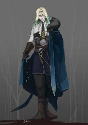 Rule 34 | 1boy, beard, blonde hair, cape, facial hair, fate/apocrypha, fate (series), forest, full body, green hair, highres, looking at viewer, male focus, nature, night, short hair, smile, solo, vlad iii (fate/apocrypha)