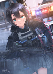 Rule 34 | 1girl, absurdres, aqua eyes, assault rifle, bandaid, bandaid on face, battle rifle, black gloves, black hair, blood, blood on face, car, clenched teeth, dreadtie, gloves, gun, highres, holding, holding gun, holding weapon, imbel ia2, load bearing vest, magazine (weapon), motor vehicle, original, police car, rain, rifle, running, short hair, signature, skirt, solo, teeth, weapon, weapon request