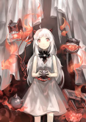 Rule 34 | 10s, 1girl, abyssal ship, dress, gunbuster pose, highres, horns, kantai collection, looking at viewer, machinery, norizc, northern ocean princess, open mouth, pale skin, red eyes, solo focus, turret, white hair