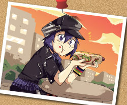 Rule 34 | 1girl, alternate costume, blue eyes, blue hair, cabbie hat, eating, food, food on face, full mouth, hat, hot dog, ketchup, looking at viewer, matching hair/eyes, pantyhose, persona, persona 4, persona 4: dancing all night, persona dancing, photo (object), setz, shirogane naoto, short hair, skirt, solo, thumbtack
