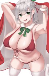 Rule 34 | 1girl, :d, alternate costume, alternate hairstyle, arms up, bikini, braid, breasts, cleavage, commentary request, front-tie bikini top, front-tie top, fur collar, green eyes, green ribbon, grey hair, hair ribbon, highres, hololive, kneeling, large breasts, long hair, looking at viewer, moisture (chichi), navel, neck ribbon, open mouth, ponytail, red bikini, red ribbon, ribbon, santa bikini, shirogane noel, smile, solo, swimsuit, teeth, thighhighs, under covers, virtual youtuber, white background, white thighhighs
