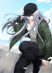 Rule 34 | 1girl, baseball cap, bird, black footwear, black gloves, black hat, black pants, breasts, cloud, collarbone, commentary request, dodome ichika, feathers, fingerless gloves, fingernails, gloves, green eyes, green jacket, hand up, hat, highres, jacket, knee up, long hair, looking at viewer, messy hair, one eye covered, open clothes, open jacket, open mouth, original, pants, shirt, sidelocks, silver hair, sitting, sky, small breasts, smile, solo, very long hair, waka (shark waka), white shirt