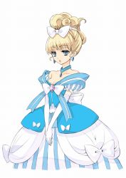 Rule 34 | 1girl, bare shoulders, blonde hair, blue eyes, bow, choker, cinderella (kamipara), dress, dress bow, earrings, expressionless, hair bow, ito noizi, jewelry, kamisama to unmei (series), kamisama to unmei kakumei no paradox, official art, ribbon, short hair, solo, strapless, strapless dress, striped, v arms, vertical stripes, white background