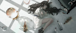 Rule 34 | 1girl, absurdres, animal ears, bare legs, black footwear, blue eyes, bottle, closed mouth, collared shirt, crossed arms, expressionless, floor, from above, hair spread out, highres, long hair, long sleeves, looking at viewer, lying, mira (345toron), on side, original, rabbit ears, shirt, skirt, solo, white shirt, white skirt