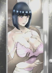 Rule 34 | 1girl, a (naruto), blue hair, blunt bangs, blush, grabbing another&#039;s breast, breasts, cleavage, facial hair, grabbing, grabbing from behind, groping, hand on own chest, hand up, highres, hyuuga hinata, jewelry, large breasts, looking at mirror, looking at viewer, mature female, medium hair, mirror, mustache, naruto, naruto (series), no eyes, off shoulder, open mouth, purple eyes, reflection, ring, skirt, solo focus, standing, strap slip, upper body, wan (13070284), wedding band