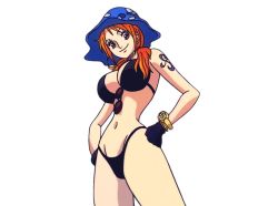 Rule 34 | 1girl, bare arms, bare shoulders, bikini, black bikini, black gloves, black shirt, bow, breasts, camouflage, cleavage, curvy, female focus, gloves, hair bow, hands on own hips, hat, highleg, highleg panties, large breasts, low twintails, nami (one piece), one piece, one piece heart of gold, orange hair, outdoors, panties, screencap, shirt, smile, stomach, sunglasses removed, swimsuit, talking, tattoo, third-party edit, thong, thong bikini, toei animation, twintails, underwear