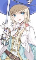 Rule 34 | androgynous, artist request, belt, blonde hair, blue eyes, cape, chevalier d&#039;eon (fate), fate/grand order, fate (series), gender request, gloves, hair ribbon, hat, highres, long hair, looking at viewer, open mouth, ribbon, smile, solo, sword, upper body, weapon, white background, white gloves