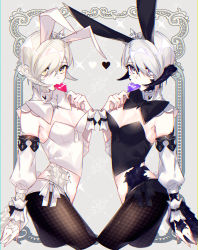 Rule 34 | 2girls, absurdres, animal ears, animal print, au ra, biting, black bow, black bowtie, black shorts, blonde hair, border, bow, bowtie, breasts, candy, chromatic aberration, cleavage, cropped legs, detached collar, detached sleeves, dragon horns, dragon tail, eyelashes, facial mark, fake animal ears, final fantasy, final fantasy xiv, fishnet legwear, fishnets, food, food in mouth, forehead mark, from side, grey background, grey hair, hair over one eye, heart, highres, holding, holding food, horns, lollipop, looking at viewer, midriff, motsuni (lxxe1120), multiple girls, navel, outside border, pantyhose, purple eyes, rabbit ears, rabbit print, scales, short hair, shorts, side-tie shorts, sparkle, symmetrical pose, tail, tassel, tiara, warrior of light (ff14), white bow, white bowtie, wrist cuffs, yellow eyes