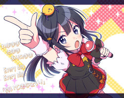 Rule 34 | 1girl, :o, akihitohappy, black hair, blush, commentary request, english text, grey eyes, hair ornament, holding, holding microphone, long hair, looking at viewer, love live!, love live! nijigasaki high school idol club, microphone, one side up, parody, pmaru-sama, pointing, pointing up, polka dot, polka dot background, ribbon, short sleeves, sidelocks, solo, sparkle background, translation request, wristband, yuki setsuna (love live!)