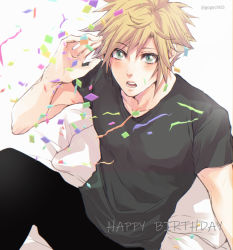 Rule 34 | 1boy, black pants, blonde hair, blue eyes, blush, cloud strife, collarbone, confetti, final fantasy, final fantasy vii, final fantasy vii advent children, gogochi55, hand up, happy birthday, male focus, open mouth, pants, pillow, shirt, sitting, solo, spiked hair, surprised, t-shirt, twitter username