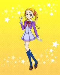 Rule 34 | 1girl, blonde hair, blue socks, collar, cropped jacket, cure lemonade, full body, hair ornament, hair scrunchie, highres, kasugano urara (yes! precure 5), l&#039;ecole des cinq lumieres school uniform, long hair, official art, precure, precure connection puzzlun, school uniform, scrunchie, short bangs, smile, socks, solo, third-party source, twintails, yellow eyes, yes! precure 5