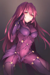 Rule 34 | 1girl, bad id, bad pixiv id, black background, bodysuit, breasts, covered navel, fate/grand order, fate (series), highres, hplay, large breasts, long hair, looking at viewer, parted lips, purple bodysuit, purple hair, red eyes, scathach (fate), scathach (fate), solo