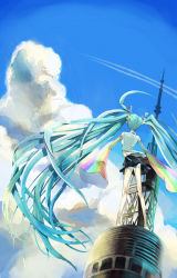 Rule 34 | 1girl, aqua hair, chachie, cloud, day, detached sleeves, female focus, full body, hatsune miku, long hair, outdoors, skirt, sky, solo, twintails, very long hair, vocaloid