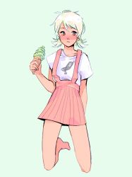 Rule 34 | 1girl, artist name, blue eyes, cellphone, charm (object), commentary, denise (pfeffersteak), dress, english commentary, fingernails, food, full body, green background, green hair, hair between eyes, holding, holding food, ice cream, ice cream cone, kneeling, looking to the side, low twintails, nail polish, original, phone, pink dress, pleated skirt, shirt, short hair, short sleeves, simple background, skirt, solo, suspender skirt, suspenders, twintails, white nails, white shirt
