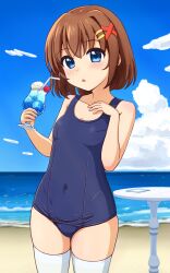 Rule 34 | 1girl, beach, blue eyes, blue one-piece swimsuit, blue sky, breasts, brown hair, cloud, covered navel, day, drink, hair ornament, hairclip, highres, horizon, lyrical nanoha, mahou shoujo lyrical nanoha, ocean, one-piece swimsuit, outdoors, school swimsuit, shin (ustir7), short hair, sky, small breasts, solo, swimsuit, table, thighhighs, white thighhighs, yagami hayate
