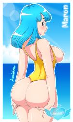 Rule 34 | 1girl, absurdres, artist request, ass, ass grab, bare shoulders, beach, blue hair, blush, breasts, casual one-piece swimsuit, curvy, dragon ball, dragonball z, highleg, highleg swimsuit, highres, huge ass, large breasts, long hair, looking at viewer, looking back, maron (dragon ball), nipples, ocean, one-piece swimsuit, shiny skin, sideboob, sky, smile, solo, swimsuit, yellow one-piece swimsuit