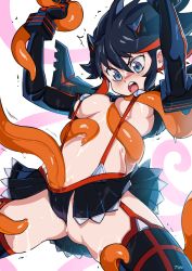 Rule 34 | 1girl, angry, areola slip, bad id, bad tumblr id, black hair, black thighhighs, blue eyes, breasts, cleavage, gluteal fold, kill la kill, matoi ryuuko, medium breasts, navel, navel play, navel sex, open mouth, optionaltypo, revealing clothes, slime (substance), solo, spread legs, stomach, suspenders, symbol-shaped pupils, tentacles, tentacles under clothes, thighhighs, trembling, underboob
