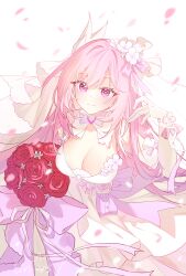 Rule 34 | 1girl, absurdres, bouquet, bow, bowtie, breasts, bridal gauntlets, cleavage, dated, dress, elysia (herrscher of human: ego) (honkai impact), elysia (honkai impact), flower, gloves, handsomening, highres, holding, holding bouquet, honkai (series), honkai impact 3rd, large breasts, long hair, looking at viewer, pink hair, purple bow, purple bowtie, red flower, red rose, rose, very long hair, wedding dress, white background, white veil