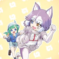 Rule 34 | 2girls, :d, alternate hairstyle, animal ear fluff, animal ears, black shirt, blue eyes, blue vest, borrowed character, commentary, dog (shiba inu) (kemono friends), dog ears, dog tail, elbow gloves, eyes visible through hair, gloves, green hair, grey hair, grey jacket, grey skirt, hat, hat feather, heterochromia, holding hands, jacket, japari symbol, kemono friends, multicolored hair, multiple girls, niiyan, open mouth, outline, pantyhose, pleated skirt, running, shirt, shorts, simple background, skirt, smile, tail, tomoe (kemono friends) (niconico88059799), two-tone hair, vest, white gloves, white hair, white legwear, white outline, yellow background, yellow eyes