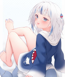 Rule 34 | 1girl, :d, barefoot, blue eyes, blue hoodie, blue nails, blunt bangs, blush, facing away, feet, fins, fish tail, gawr gura, gawr gura (1st costume), gradient clothes, hair ornament, highres, hololive, hololive english, hood, hoodie, leg up, blue background, long hair, long sleeves, looking at viewer, looking back, multicolored hair, nail polish, open mouth, shark hair ornament, shark tail, sharp teeth, silver hair, simple background, sitting, smile, solo, streaked hair, tail, teeth, toenail polish, toenails, toes, two side up, virtual youtuber, zhaofeng yinyue