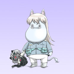 Rule 34 | belt, blush, character doll, doll, eila ilmatar juutilainen, full body, long hair, long sleeves, looking at viewer, lowres, moomin, no humans, non-web source, pantyhose, parody, pocket, sanya v. litvyak, snork maiden, snorkfru00f6ken, standing, strike witches, uniform, very long hair, white pantyhose, world witches series