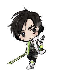 Rule 34 | 1boy, animification, apex legends, biwon blade, black eyes, black hair, black pants, black shirt, blush, boots, chibi, crypto (apex legends), green vest, hand in pocket, head tilt, highres, holding, holding sword, holding weapon, jacket, jewelry, looking at viewer, male focus, necklace, pants, seo (retee00), shirt, simple background, solo, sword, undercut, vest, weapon, white background, white footwear, white jacket