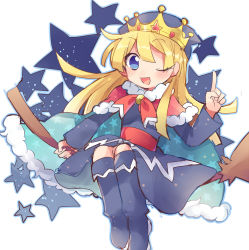 Rule 34 | 1girl, aqua cape, blonde hair, blue dress, blue eyes, blue footwear, blue headwear, boots, broom, broom riding, cape, crown, dress, fur-trimmed cape, fur trim, hair between eyes, long hair, long sleeves, looking at viewer, night, night sky, one eye closed, open mouth, pointing, puyopuyo, red cape, sky, smile, star (sky), star (symbol), white background, witch (puyopuyo), xox xxxxxx