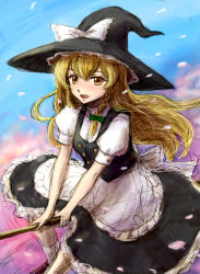 Rule 34 | 1girl, bad id, bad pixiv id, blonde hair, blush, braid, broom, cherry blossoms, female focus, gradient background, hat, kirisame marisa, nature, outdoors, plant, sketch, skirt, sky, solo, tafuto, touhou, witch, witch hat, yellow eyes