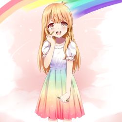 Rule 34 | 1girl, bad id, bad pixiv id, beifeng han, blonde hair, cyou shigen, dress, long hair, looking at viewer, md5 mismatch, open mouth, original, pen, puffy short sleeves, puffy sleeves, rainbow, rainbow gradient, red eyes, resolution mismatch, short sleeves, simple background, smile, solo