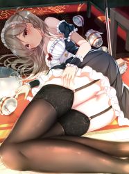 1girl, absurdres, arm cuffs, ass, bare shoulders, black legwear, breasts, brown eyes, chair, cleavage, cup, dress, earrings, eyebrows visible through hair, floor, frilled cuffs, frilled dress, frilled skirt, frills, garter belt, grey hair, highres, hiragi ringo, jewelry, looking at viewer, lying, maid, maid headdress, on side, original, over-kneehighs, panties, side ponytail, silver hair, skirt, solo, strapless, strapless dress, table, teacup, teapot, thighhighs, thighs, underwear, wrist cuffs, zettai ryouiki
