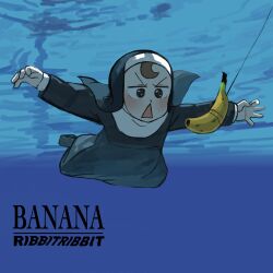 Rule 34 | 1girl, banana, black dress, brown hair, diva (hyxpk), dress, food, froggy nun (diva), fruit, highres, little nuns (diva), nevermind, nirvana (band), nun, open mouth, parody, solo, string, submerged, swimming, traditional nun, underwater