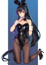 Rule 34 | 1girl, alternate costume, animal ears, bare shoulders, black bow, black bowtie, black footwear, black leotard, border, bow, bowtie, breasts, brown pantyhose, cleavage, commentary, detached collar, fake animal ears, finger to mouth, fishnet pantyhose, fishnets, hair between eyes, high heels, highleg, highleg leotard, highres, index finger raised, kantai collection, kasumi (skchkko), kneeling, leotard, long hair, looking at viewer, medium breasts, one eye closed, outside border, pantyhose, playboy bunny, ponytail, rabbit ears, red eyes, simple background, solo, very long hair, white border, white wrist cuffs, wrist cuffs, yahagi (kancolle)