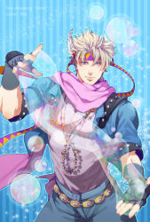 Rule 34 | 1boy, blonde hair, blue jacket, caesar anthonio zeppeli, facial mark, feather hair ornament, feathers, fingerless gloves, gloves, green eyes, feather hair ornament, headband, jacket, jewelry, jojo no kimyou na bouken, male focus, necklace, pink scarf, rui yuda, scarf, solo