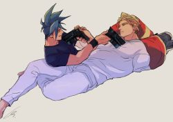 Rule 34 | 2boys, amputee, asymmetrical hair, blonde hair, blue hair, crossed legs, g. (gorog), galo thymos, grey background, gun, kray foresight, looking at another, male focus, multiple boys, pants, parted lips, pointing weapon, promare, shirt, sidecut, simple background, smile, spiked hair, spoilers, t-shirt, undercut, weapon, white pants, white shirt