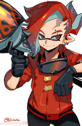 Rule 34 | 1boy, black gloves, black hair, closed mouth, colored tips, commentary request, earrings, eyebrow cut, gloves, goggles, goggles around neck, gun, highres, holding, holding gun, holding weapon, inkling, inkling boy, inkling player character, jacket, jewelry, jinkoika, male focus, medium hair, multicolored hair, nintendo, range blaster (splatoon), red eyes, red hair, red jacket, simple background, smile, solo, splatoon (series), splatoon 3, tentacle hair, thick eyebrows, two-tone hair, weapon, white background