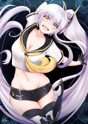 Rule 34 | 1girl, alternate breast size, azur lane, bare shoulders, blush, breasts, cleavage, gloves, hair between eyes, highres, ibara azuki, large breasts, long hair, looking at viewer, navel, open mouth, purifier (azur lane), short shorts, shorts, silver hair, siren (azur lane), smile, solo, very long hair, yellow eyes
