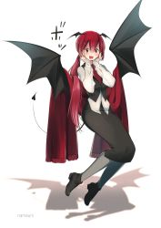 Rule 34 | 1girl, artist name, black footwear, black skirt, black wings, demon girl, demon tail, demon wings, full body, hands on own cheeks, hands on own face, hands up, head wings, highres, koakuma, long hair, long skirt, looking at viewer, low wings, namauni, necktie, pantyhose, red eyes, red hair, red necktie, red scarf, scarf, shadow, shoes, simple background, skirt, skirt set, smile, solo, tail, touhou, vest, white background, wings