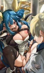 Rule 34 | 1boy, 1girl, black panties, blonde hair, blue eyes, blue hair, breasts, clitoris, clothed sex, clothing aside, commission, cowgirl position, curvy, dizzy (guilty gear), female pubic hair, guilty gear, guilty gear strive, guilty gear xrd, hair ribbon, hetero, highres, huge breasts, husband and wife, ky kiske, mature female, monster girl, nipple slip, nipples, noblood (ryandomonica), panties, panties aside, penis, pubic hair, pussy, red eyes, ribbon, riding, sex, skindentation, straddling, thighs, twintails, uncensored, underwear, vaginal, wide hips